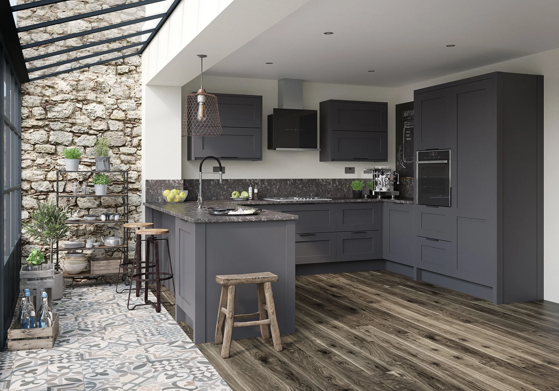 A kitchen with a stone wall and wooden floors.